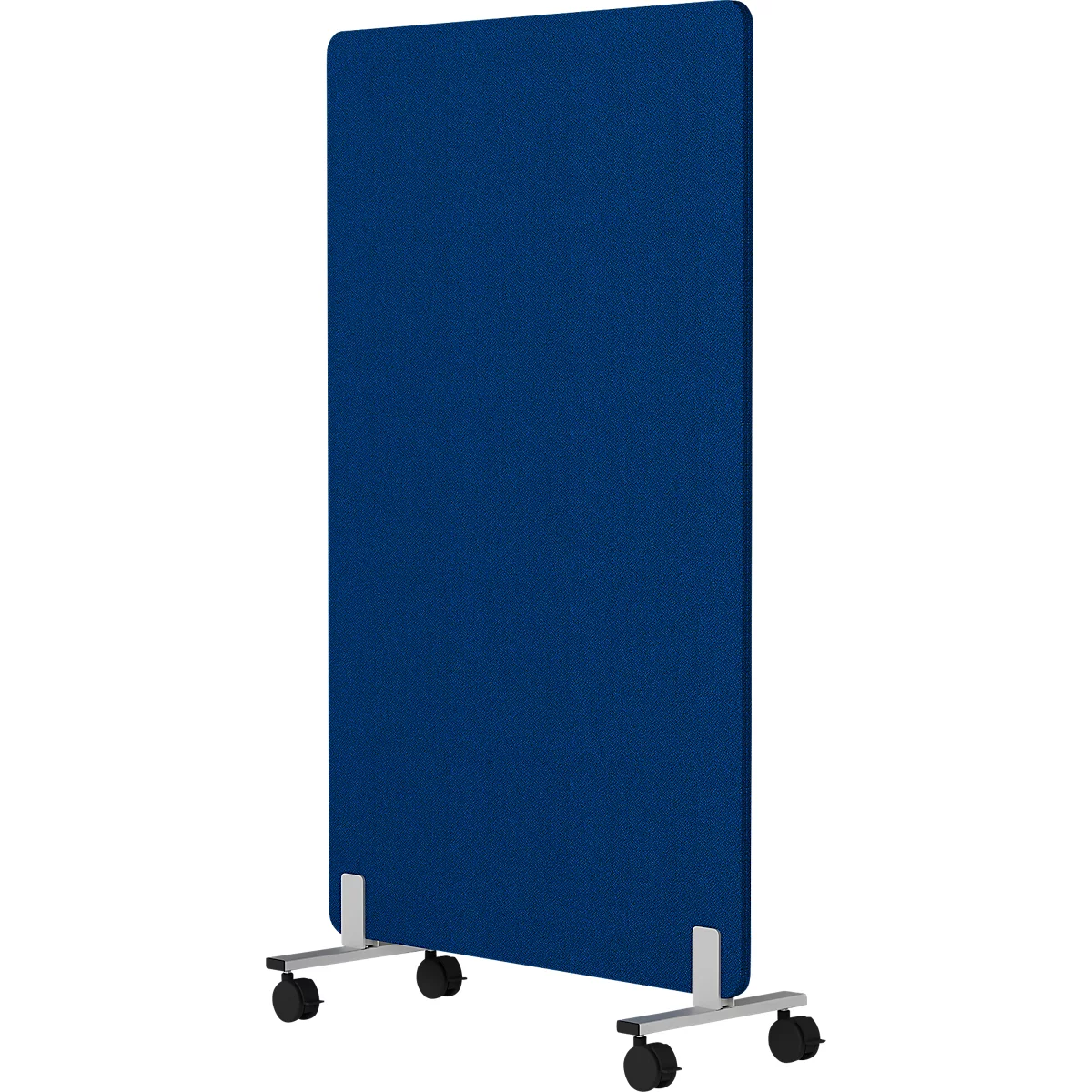 Cloison mobile bleue avec roulettes et pieds blancs.