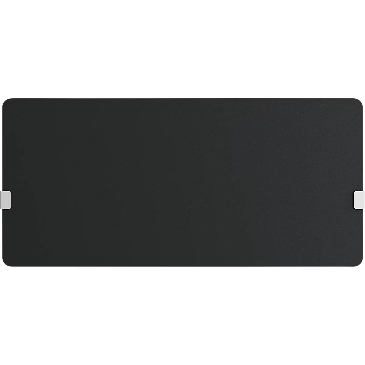Une surface rectangulaire noire avec des coins arrondis et des éléments blancs sur les côtés courts.