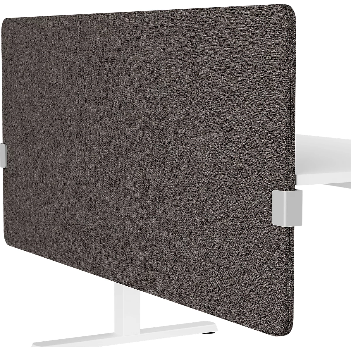Écran de bureau gris avec supports argentés sur un bureau blanc. L'écran est incliné.