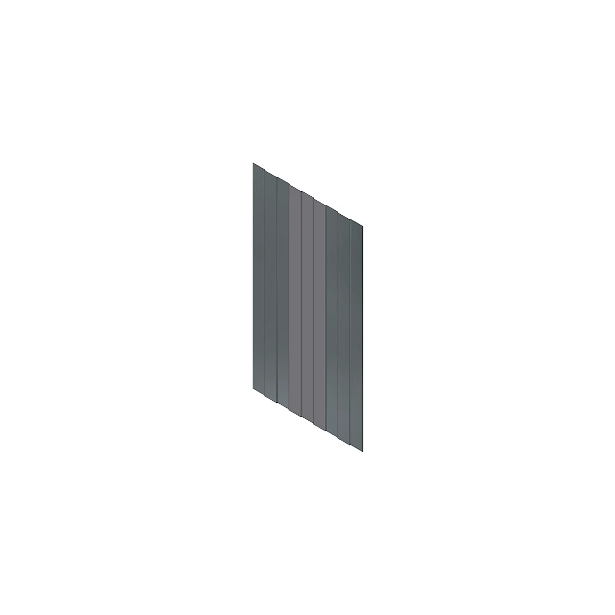 Panneaux muraux gris ondulés, photographiés en diagonale sur le côté, sur fond blanc.