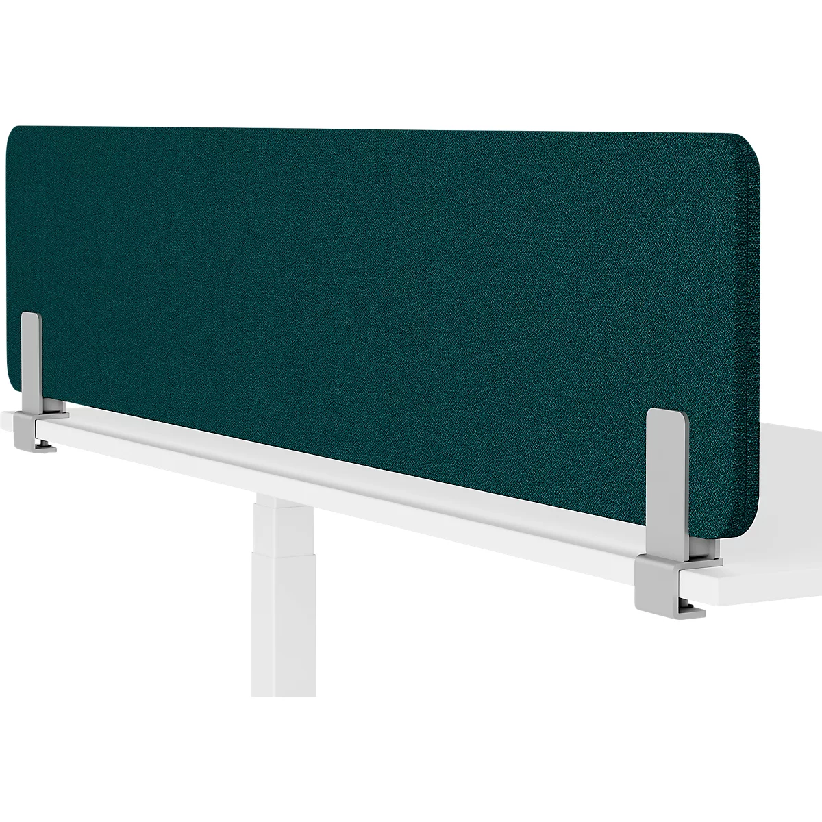Cloison de bureau verte fixée sur un plateau de table blanc avec des pinces métalliques grises.