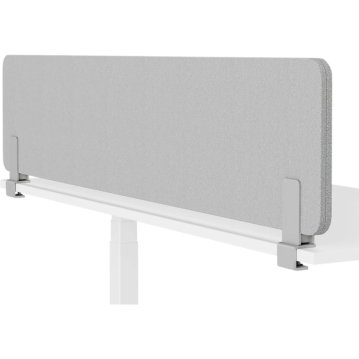 Cloison de bureau grise fixée à un plateau de table blanc avec des pinces. Les bords sont arrondis.