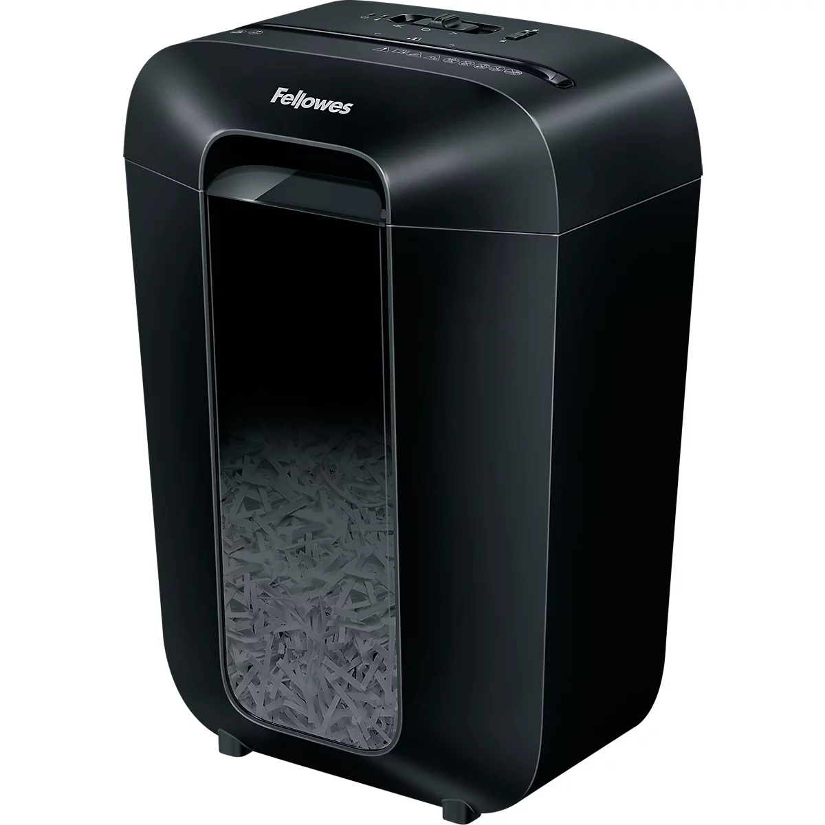 Black paper shredder with "Fellowes" logo. Viewing window with shredded paper.