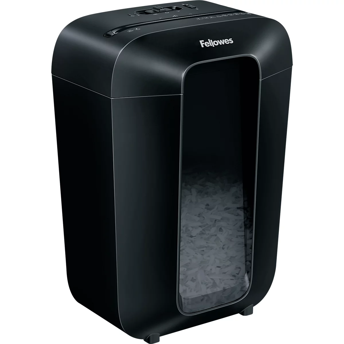 Black paper shredder with 'Fellowes' logo. Large collection container with shredded paper.