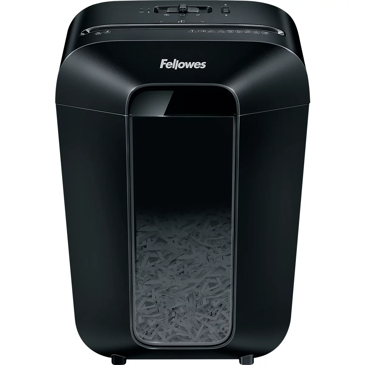 Black paper shredder with "Fellowes" printed. The shredded paper is visible at the bottom of the device.