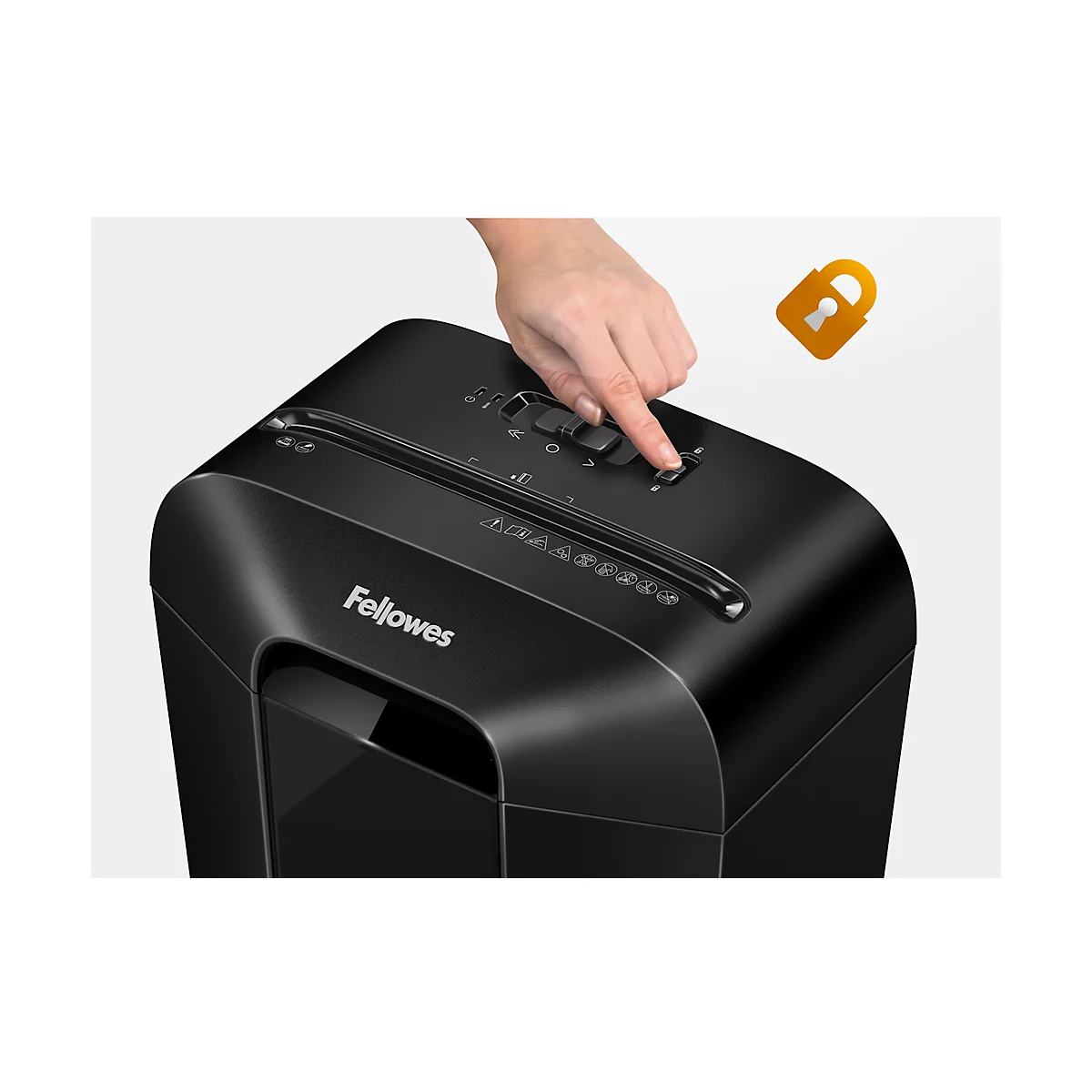 Hand presses button on a black Fellowes paper shredder. A yellow lock symbol floats above.