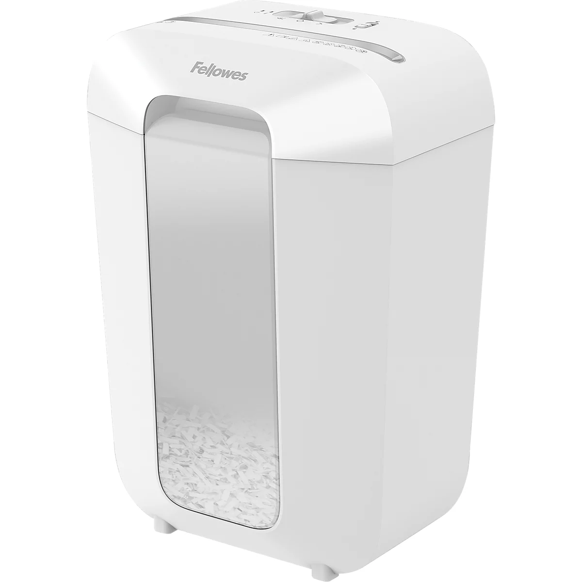 White paper shredder with viewing window filled with shredded paper. The brand name Fellowes is visible.