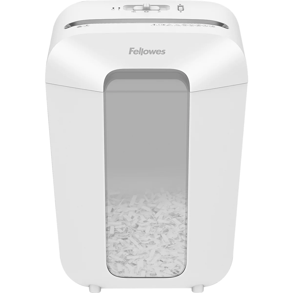 White paper shredder with visible paper scraps in a window, Fellowes brand.