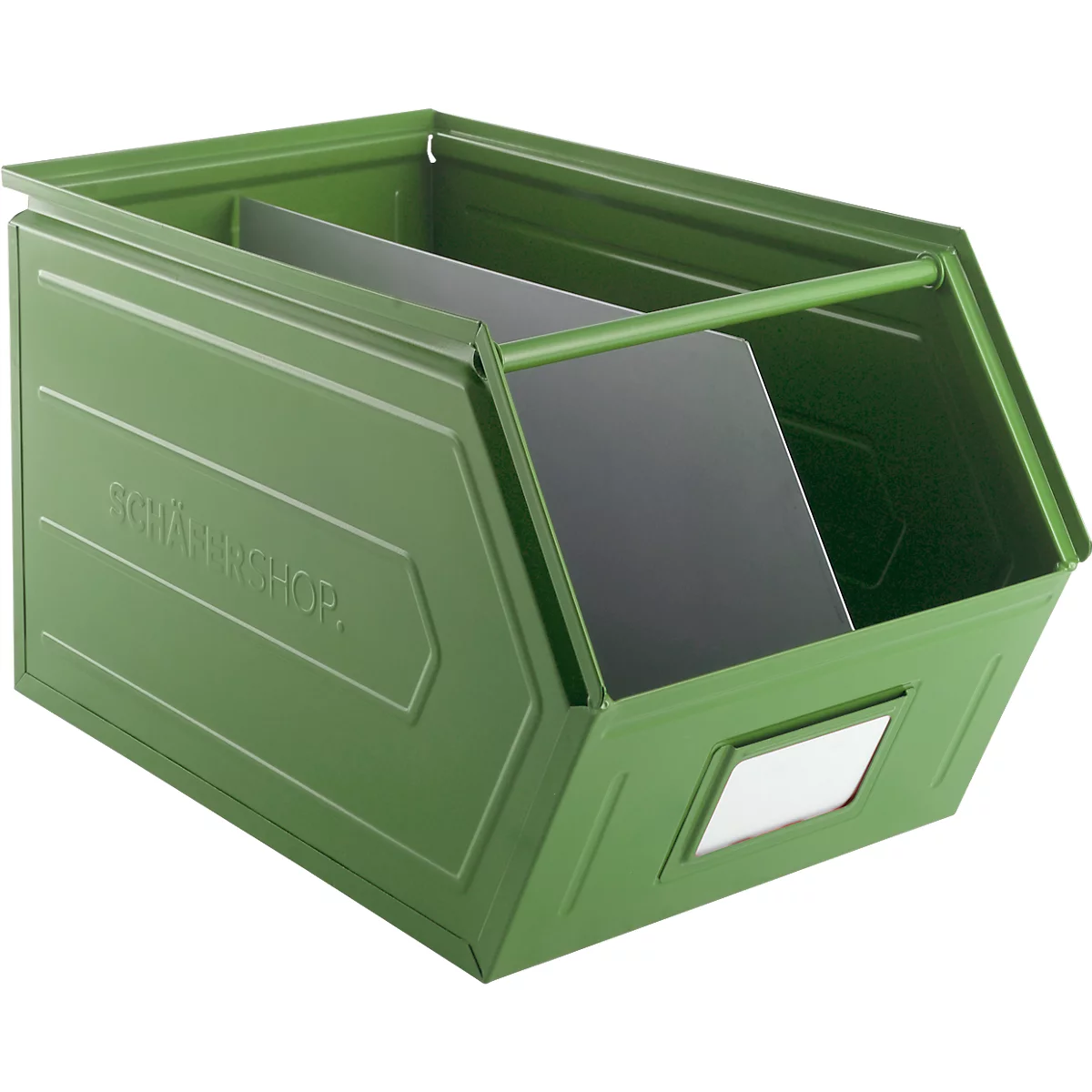 Green metal box with two compartments and handle. Inscription "SCHÄRFPARCHOR".
