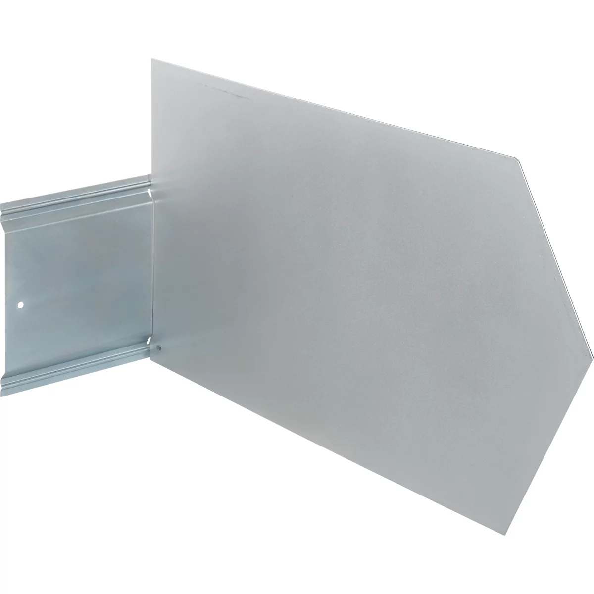 Gray metal construction with plate and rail, diagonal from left to right. The plate has a slightly angled edge.