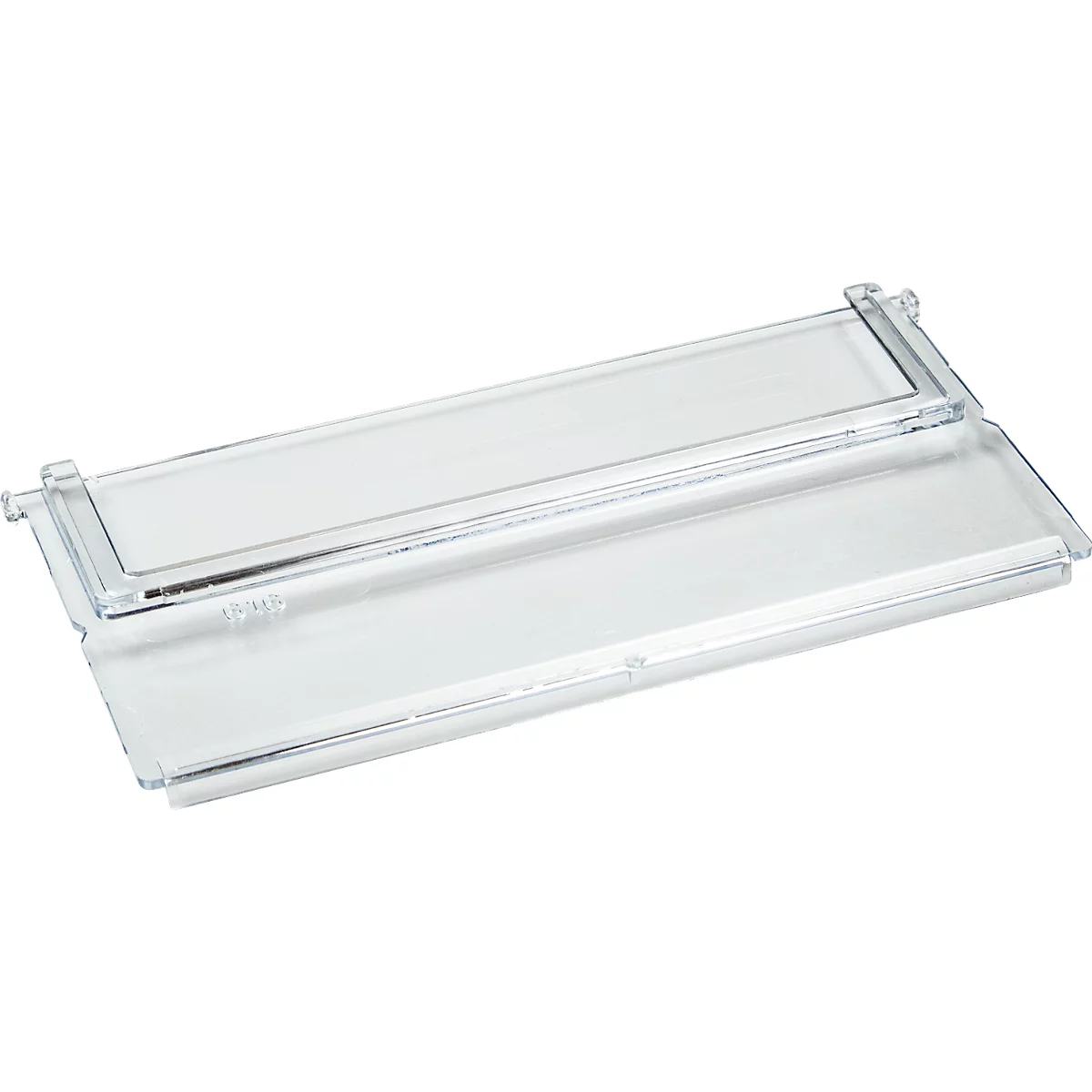 Transparent refrigerator shelf with rounded corners and brackets.