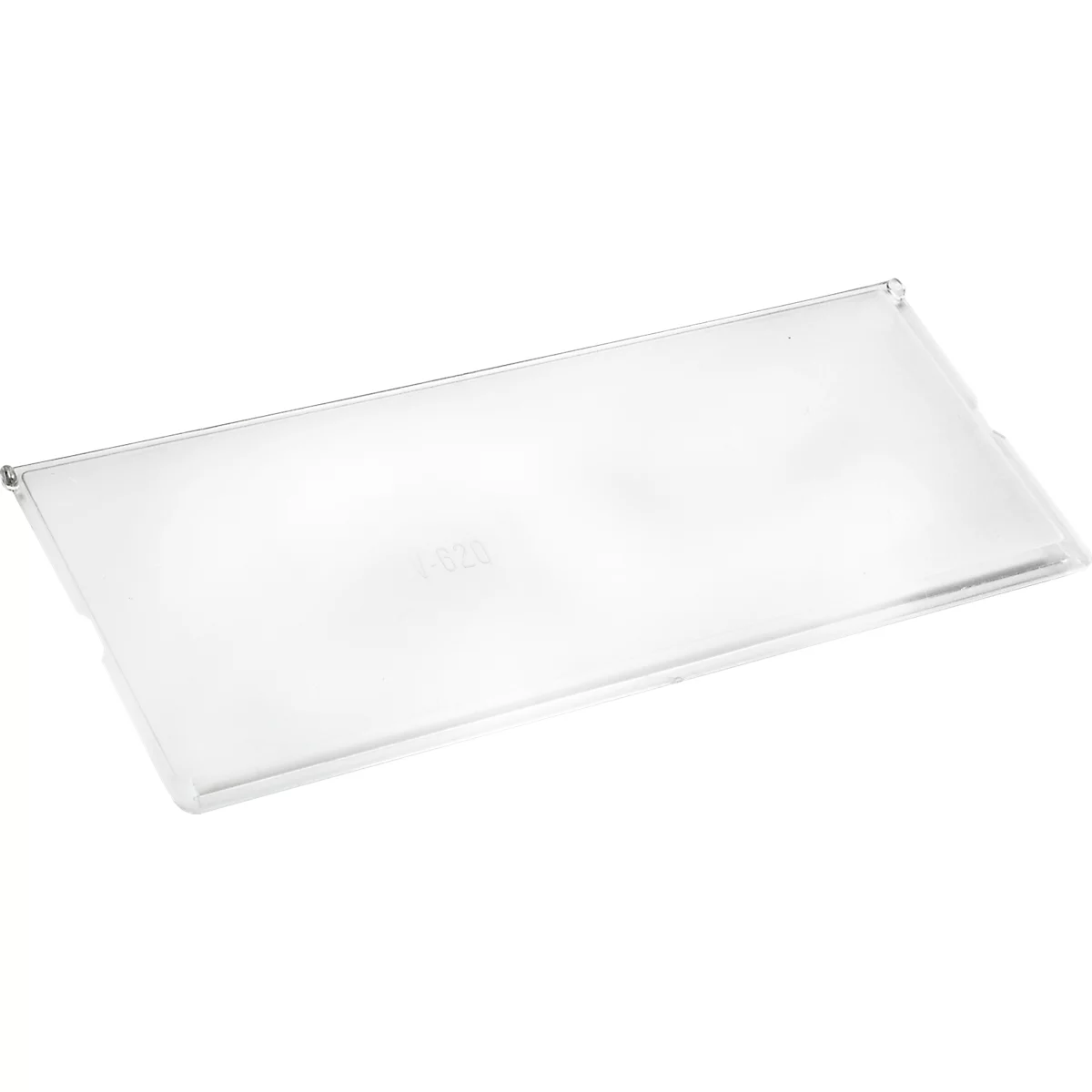 A transparent drawer for a refrigerator, viewed slightly from above.