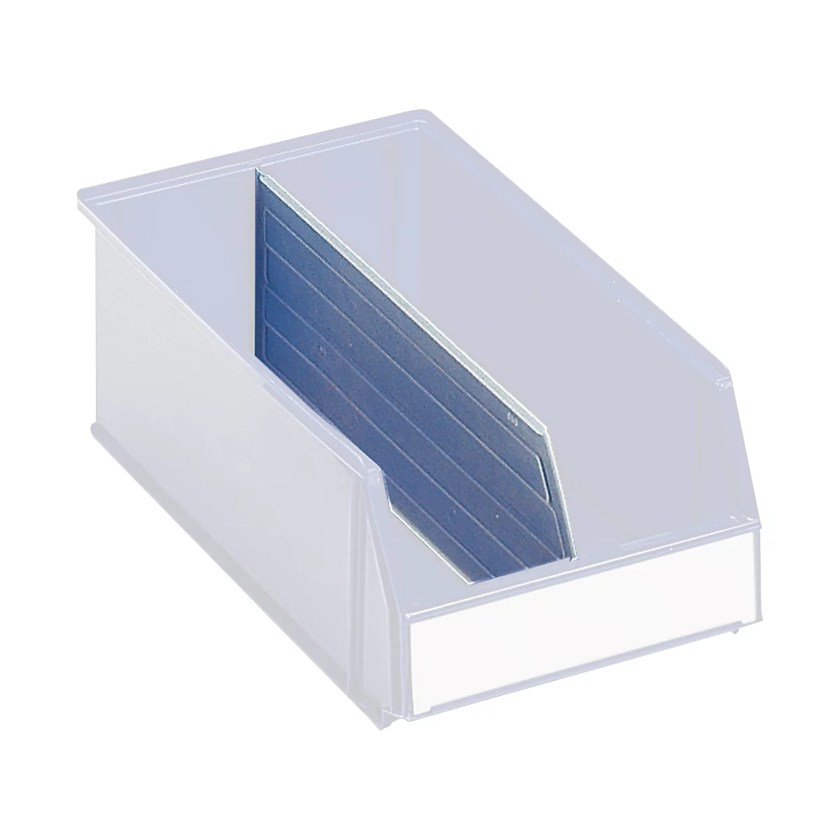 Transparent plastic bin with blue divider. The bin has a rectangular label.