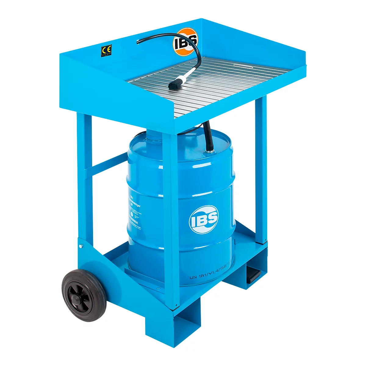 Blue oil collection cart with barrel. A drain pan with a grid is on the cart, with a hose attached. The IBS logo is on the barrel.