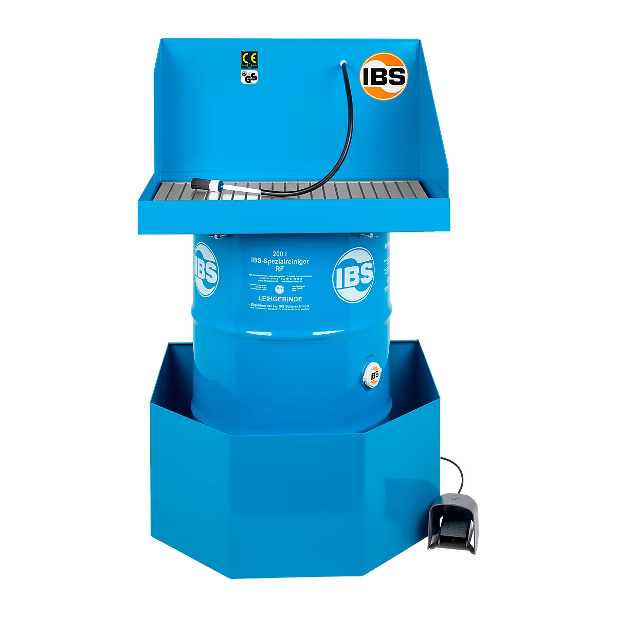 Blue IBS parts cleaning machine with spray gun, pedal and drain pan. IBS lettering and logos.
