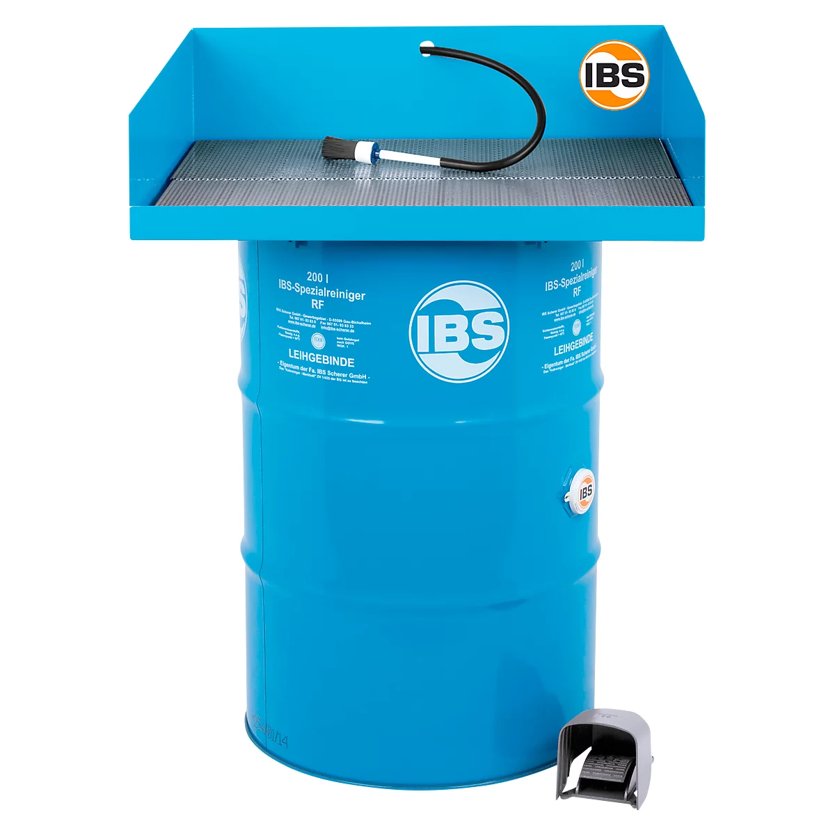 Blue cylindrical cleaning device, top with sieve and hose, foot operation.