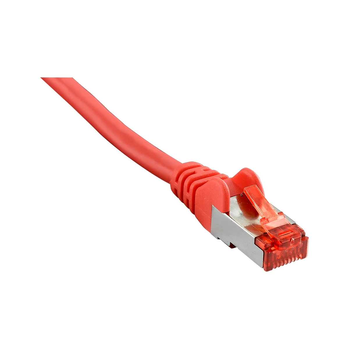 Close-up of a red Ethernet cable. The connector is made of metal and transparent plastic.