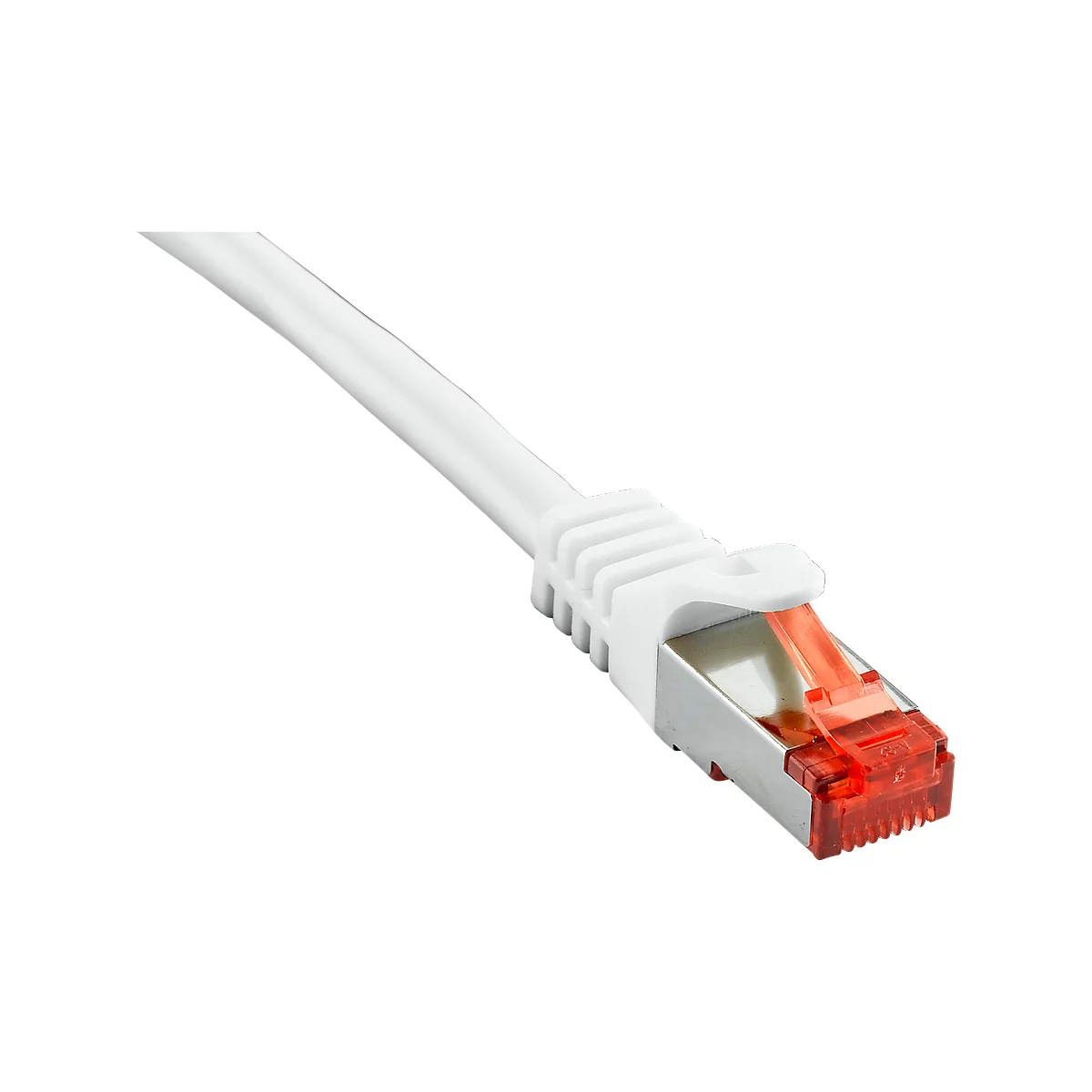 A white network cable with a red plug attached to a silver metal housing.