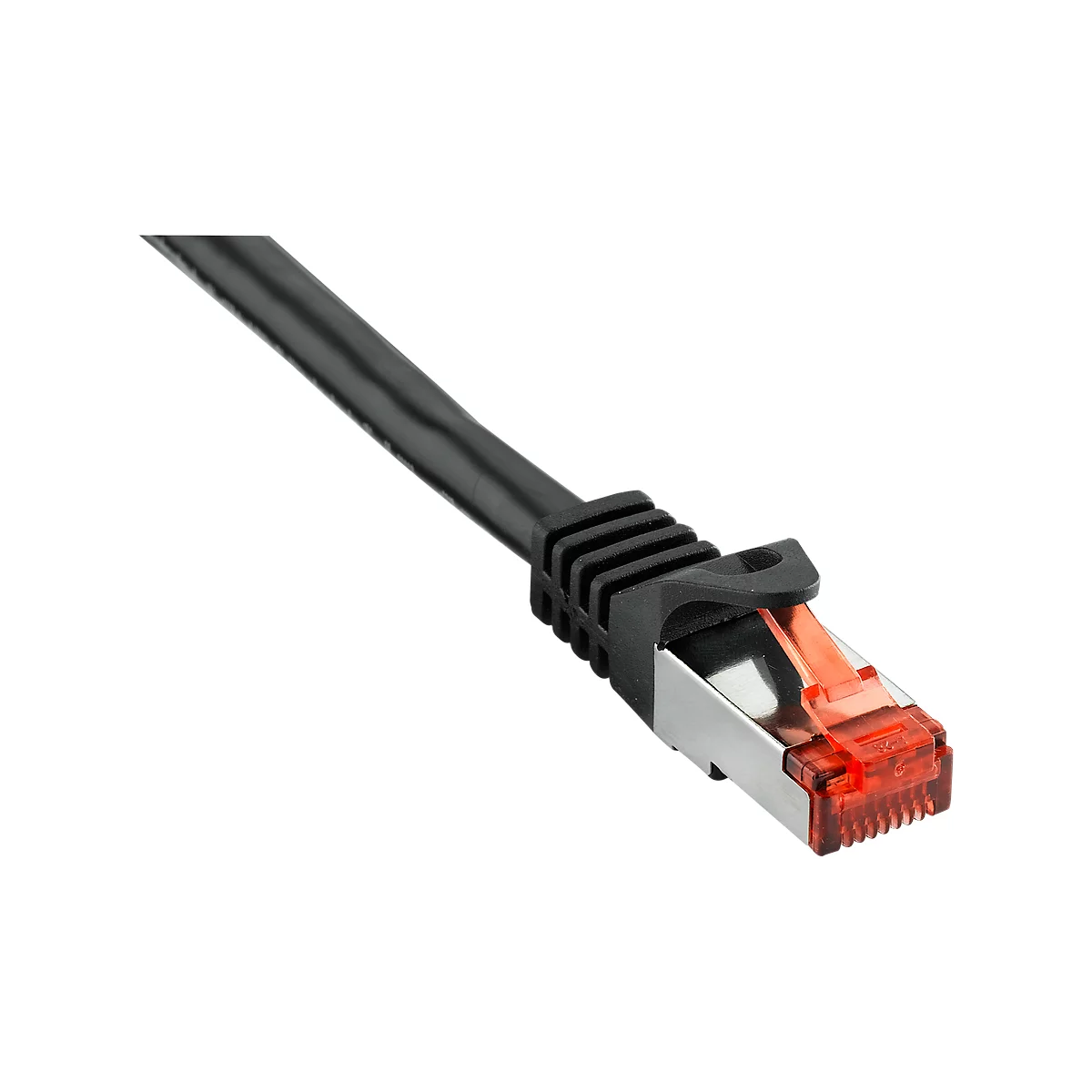 Black network cable with silver connector, red cover, and connector lock.
