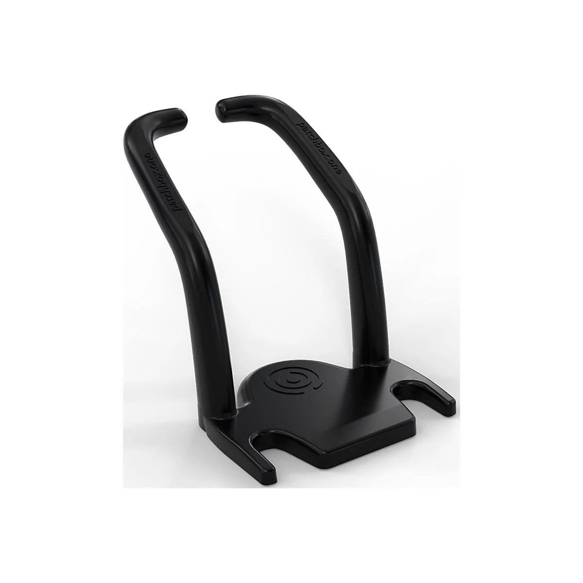Schwarzer Ständer für Fahrradpedale. Auf den gebogenen Arm steht „patchbox.one“.