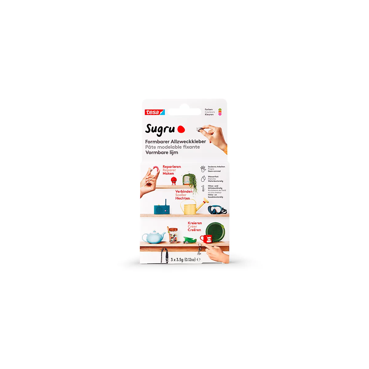 Pâte modelable fixante Sugru by tesa®, paquet de 3x 3,5 g, rose, orange, vert