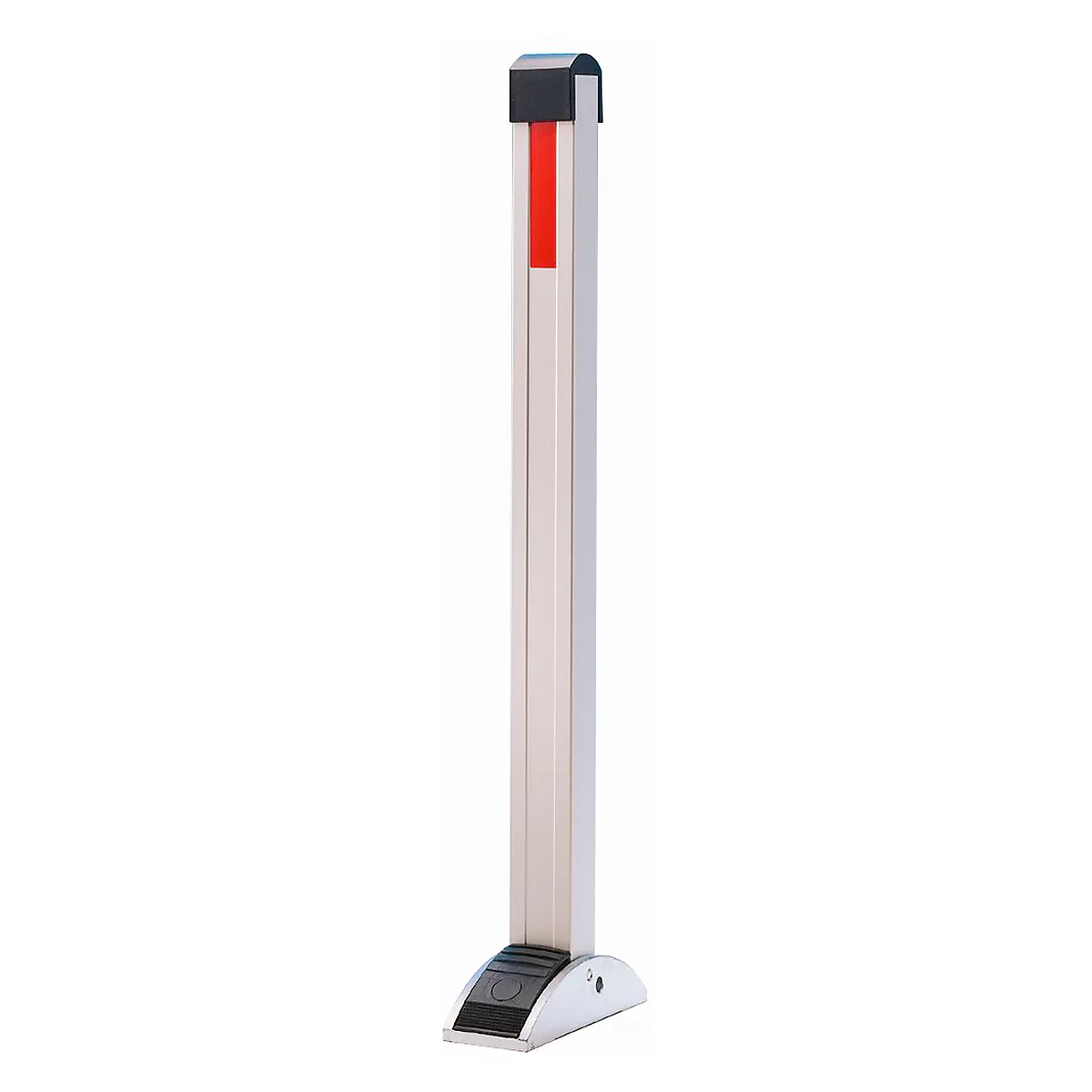 A silver, rectangular column with a red stripe, a black head piece, and a base.