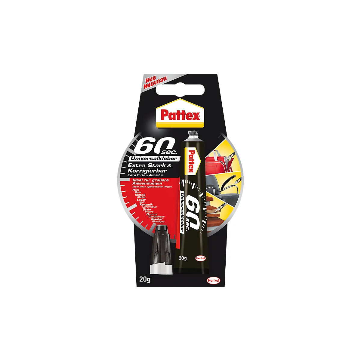 Black tube of Pattex universal glue, 60 seconds, with product image. Various materials are listed on the packaging.