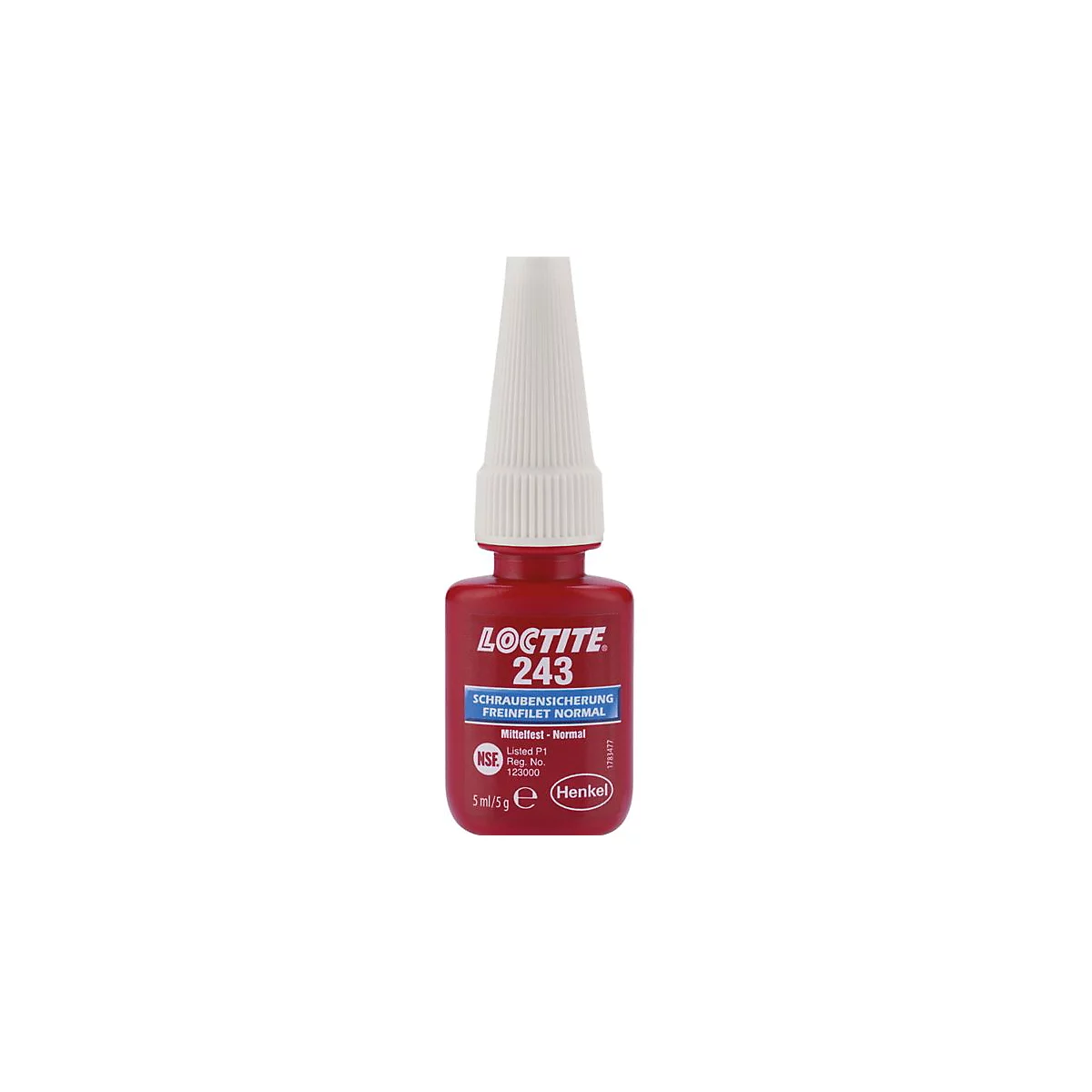 Rote Loctite-Flasche mit weißem Verschluss. Aufschrift: "LOCTITE 243 Schraubensicherung".