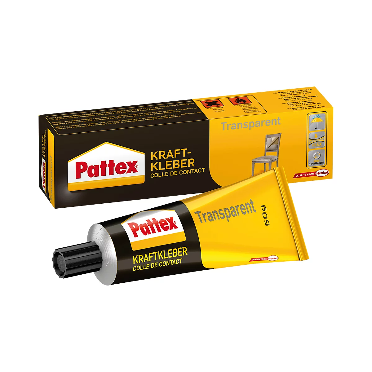 Yellow Pattex adhesive tube with black cap, behind it the product packaging with lettering and a picture of a chair.