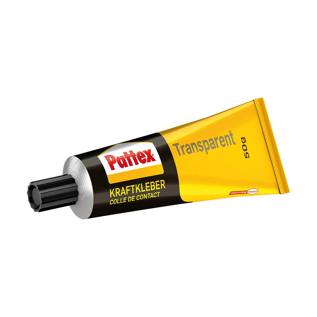 Tube of Pattex adhesive. Label reads: Transparent. Black, yellow, and white dominate.