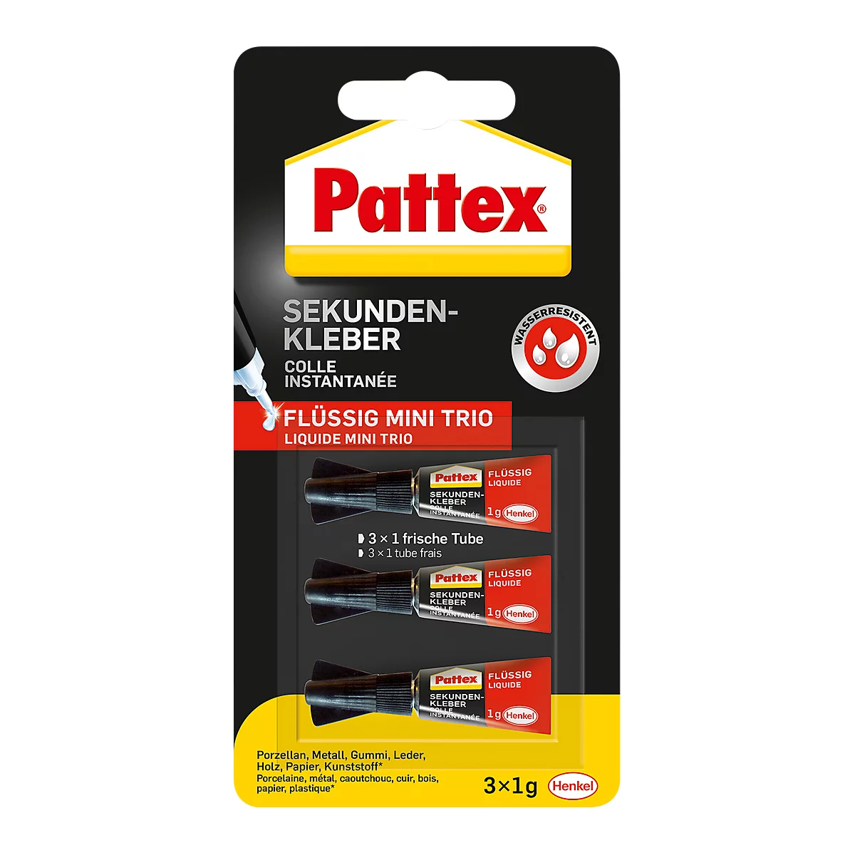 Pattex Sekundenkleber Classic flüssig Mini Trio, 3 x 1 g