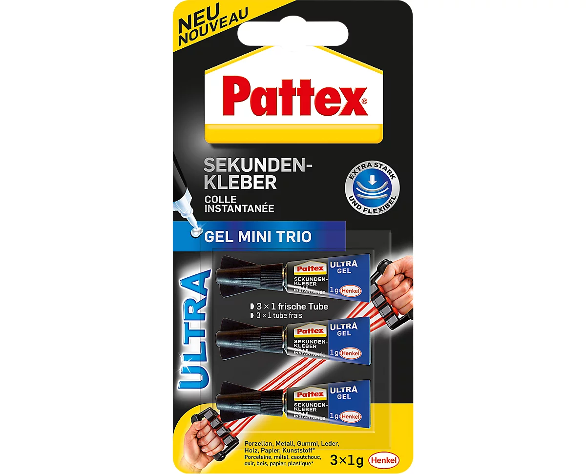Pattex Sekundenkleber Ultra Gel Mini Trio, 3 x 1 g