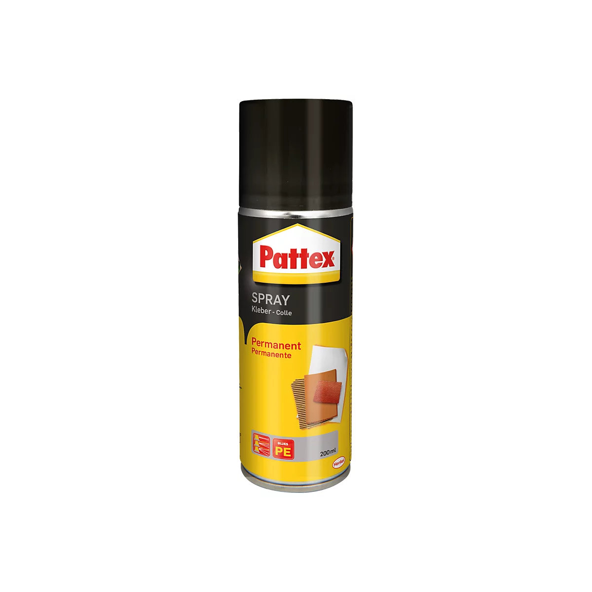 Pattex Permanent Sprühkleber in gelb-schwarzer Dose mit 200 ml Inhalt.