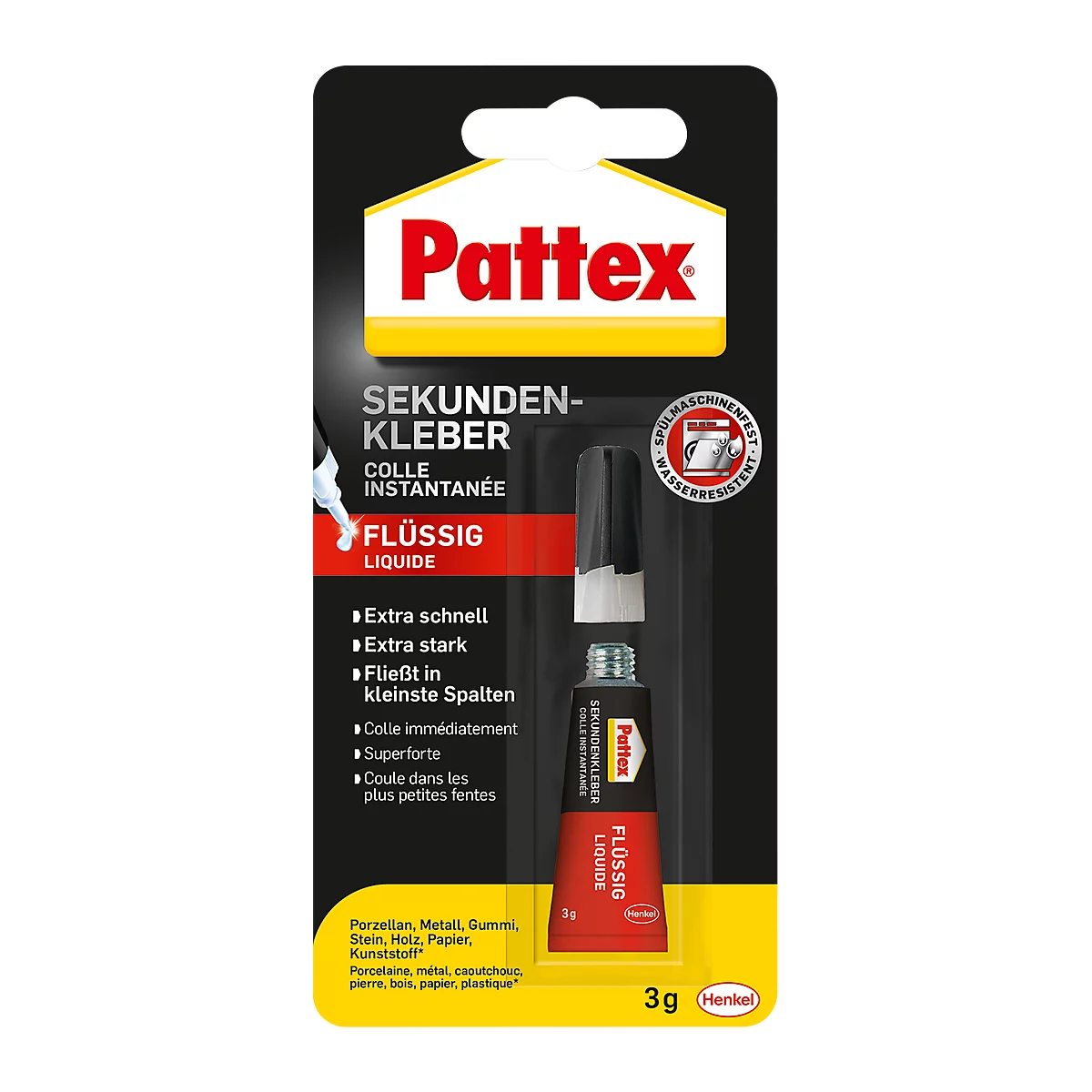 Pattex brand instant glue package with a partially open tube, red background, and texts.