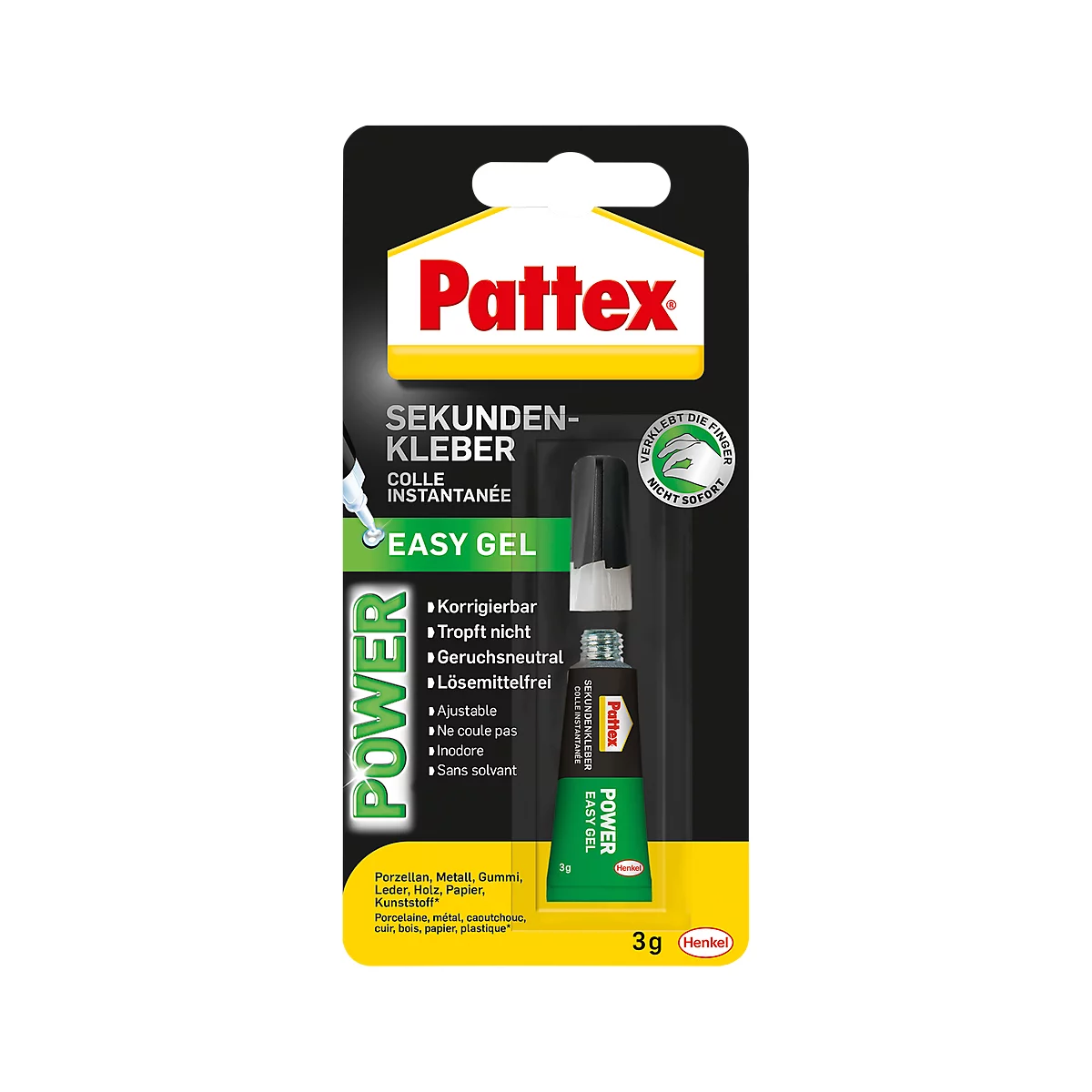 Pattex super glue package. Black background, red text. Yellow-green design, open tube, product name, features.