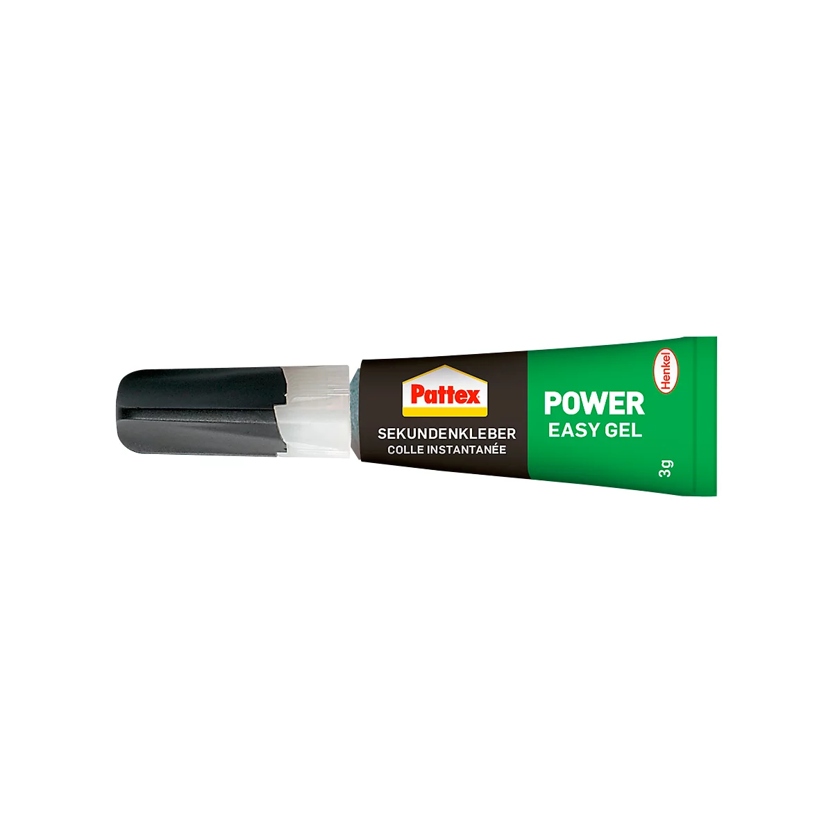 Close-up of a Pattex Power Easy Gel glue tube. Black lid, green tube body with lettering.