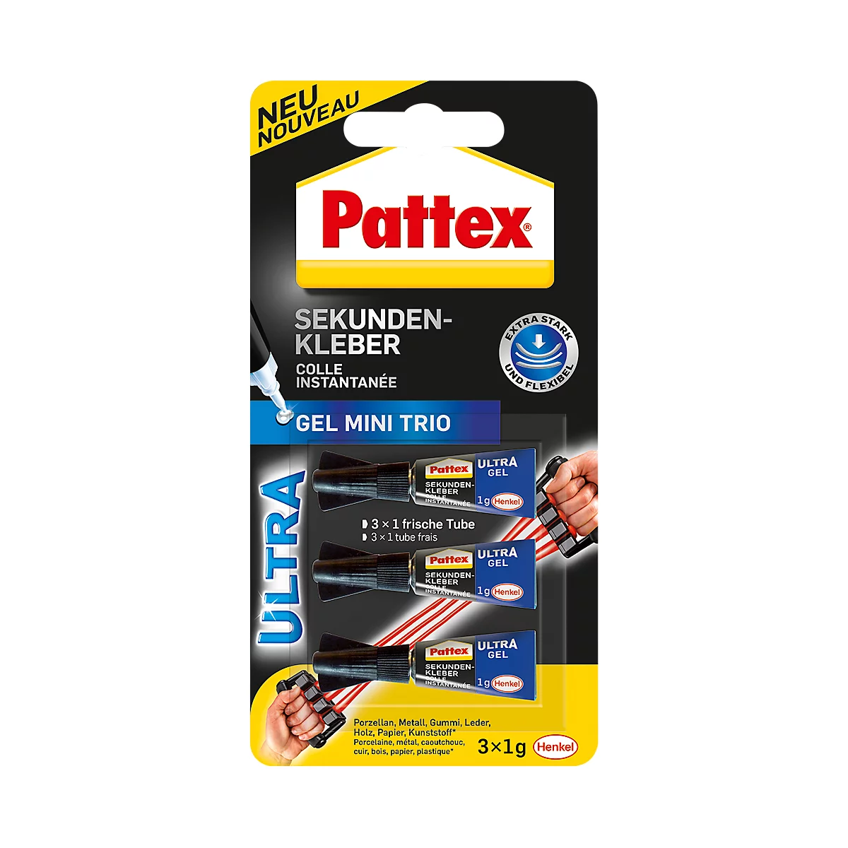 Package with three Pattex instant glues. The package shows the glues and the words 'Ultra Gel'.