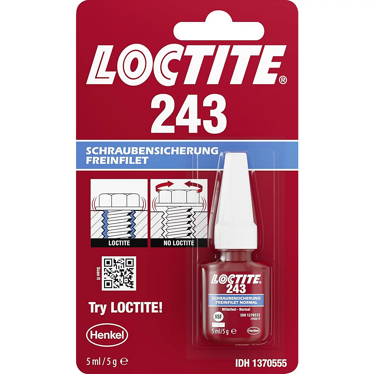 Loctite 243 product, schroefdraadborgmiddel, in rode verpakking. Tekst: Loctite, 243, schroefborging, Freinfilet. Illustratie, toepassing en QR-code.