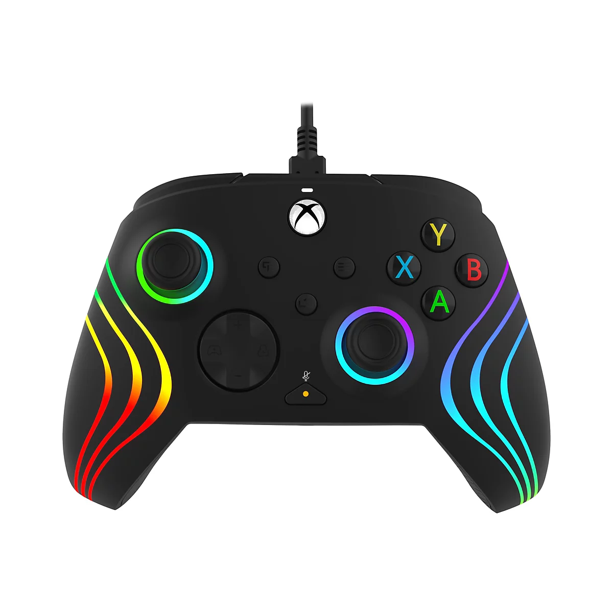 Schwarzer Xbox-Controller mit farbigen Lichteffekten. Das Design umfasst farbige Umrandungen der Analogsticks und leuchtende Streifen.