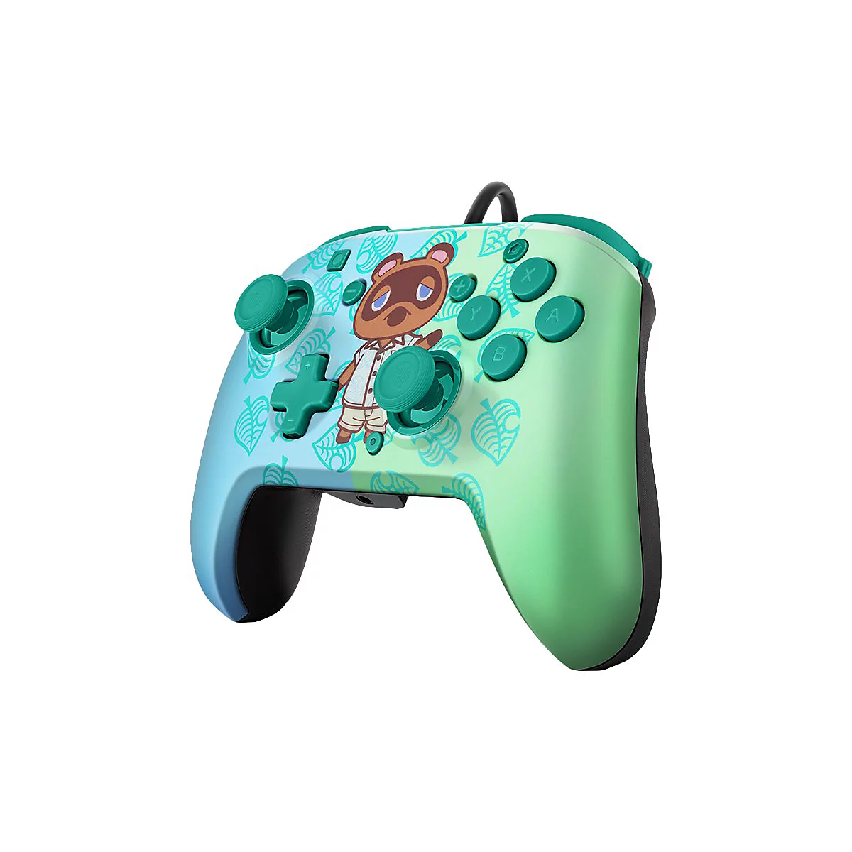Controller im Animal Crossing Design. Hellblau-grün mit Tom Nook und Blattmuster.