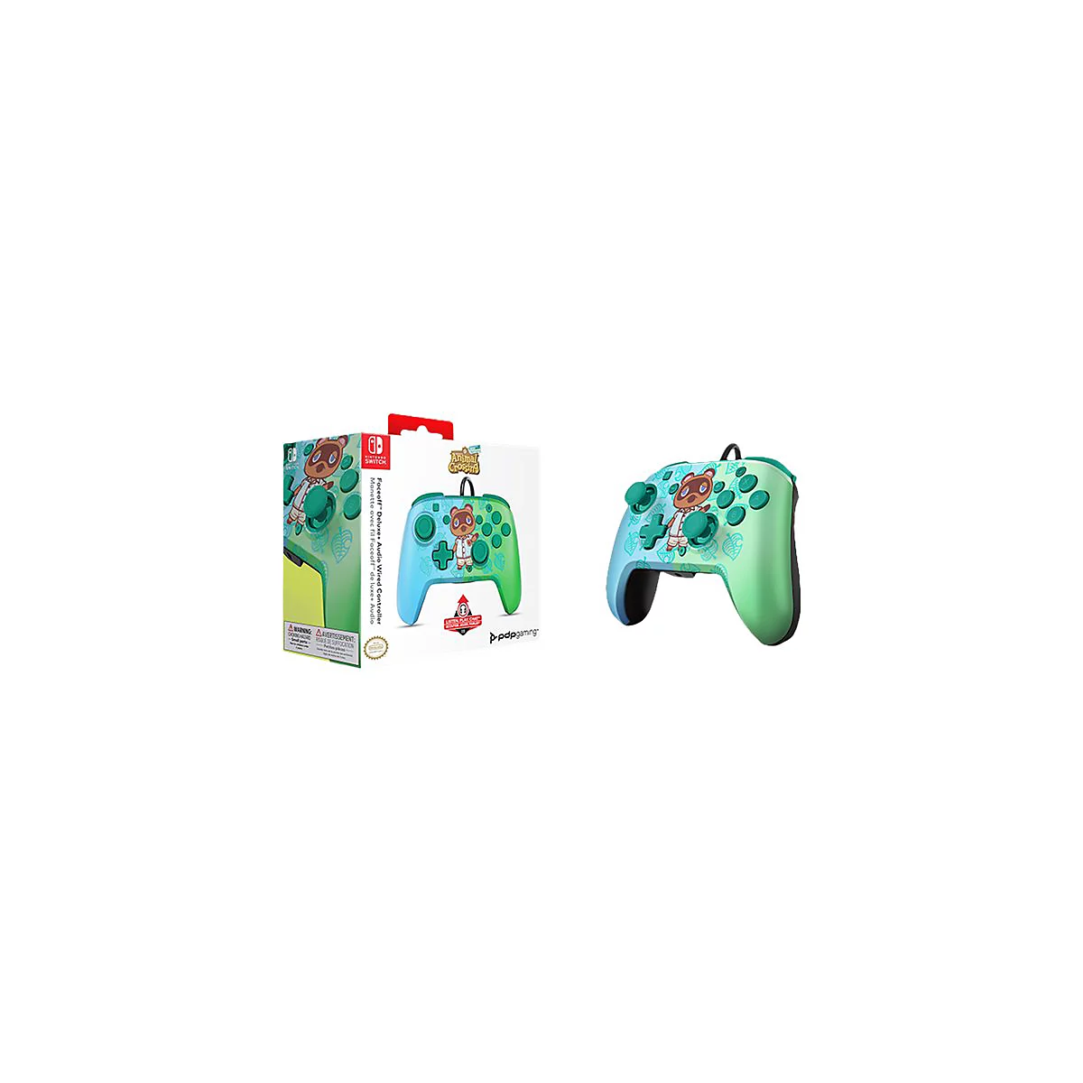 Controller im Animal Crossing Design. Auf blau-grünem Grund ist Tom Nook abgebildet, dazu Blätter. Neben einer Verpackung mit Controller-Abbildung.