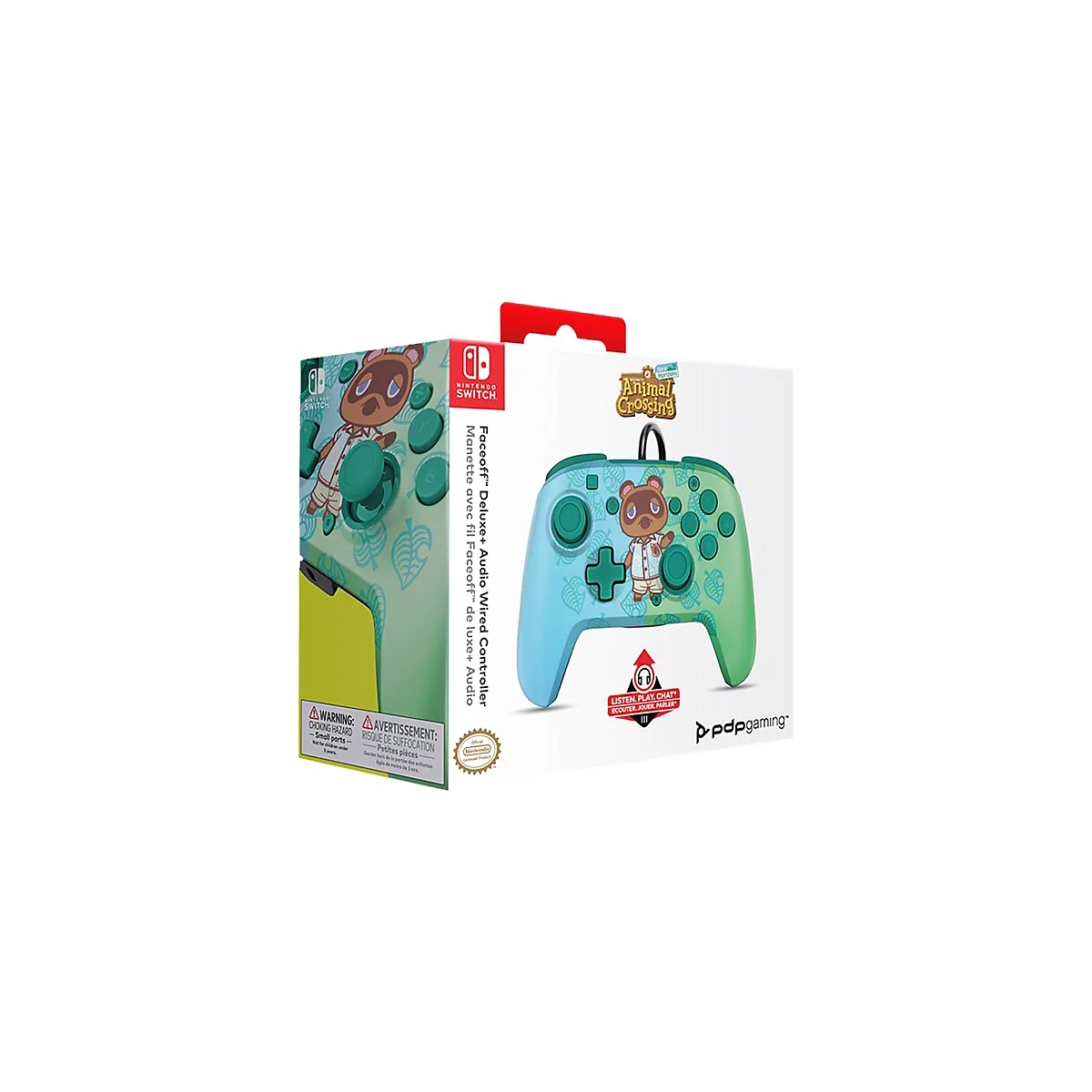 Ein Controller für die Nintendo Switch, gestaltet im Animal Crossing-Stil. Die Verpackung zeigt Tom Nook.