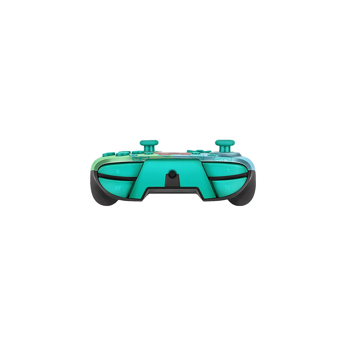 Nahaufnahme eines türkisfarbenen Controllers. Die Knöpfe sind hellgrün und blau. Auf den Schultertasten stehen die Buchstaben R, L, ZR und ZL.