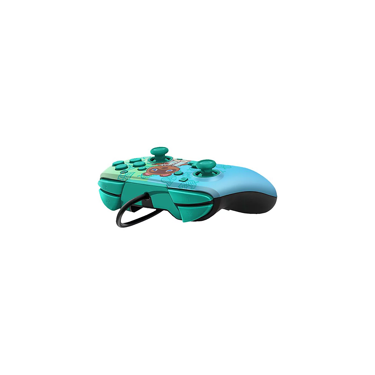 Draufsicht auf einen Nintendo-Controller im Animal Crossing-Design. Grün-blaue Farbtöne mit Zeichnungen und Joy-Sticks.