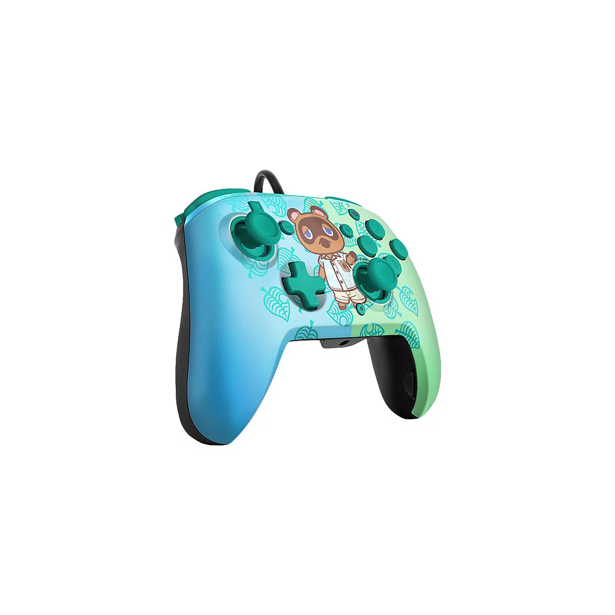 Ein Nintendo Switch Controller mit Animal Crossing-Design. Auf blau-grünem Farbverlauf ist Tom Nook und Blattmuster abgebildet.