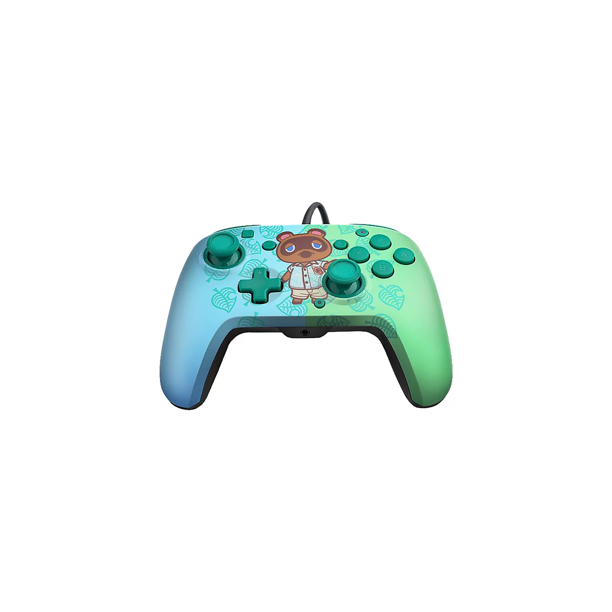 Controller mit Animal Crossing-Design. Grün-blaue Farbverläufe mit Tom Nook und Blatt-Motiven.