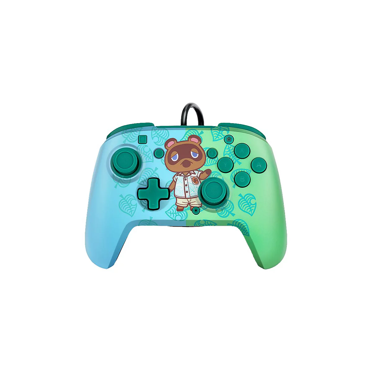 Ein Nintendo Switch-Controller mit Tom Nook-Design. Blau-grüner Farbverlauf mit Blättern und Tom Nook im Zentrum.