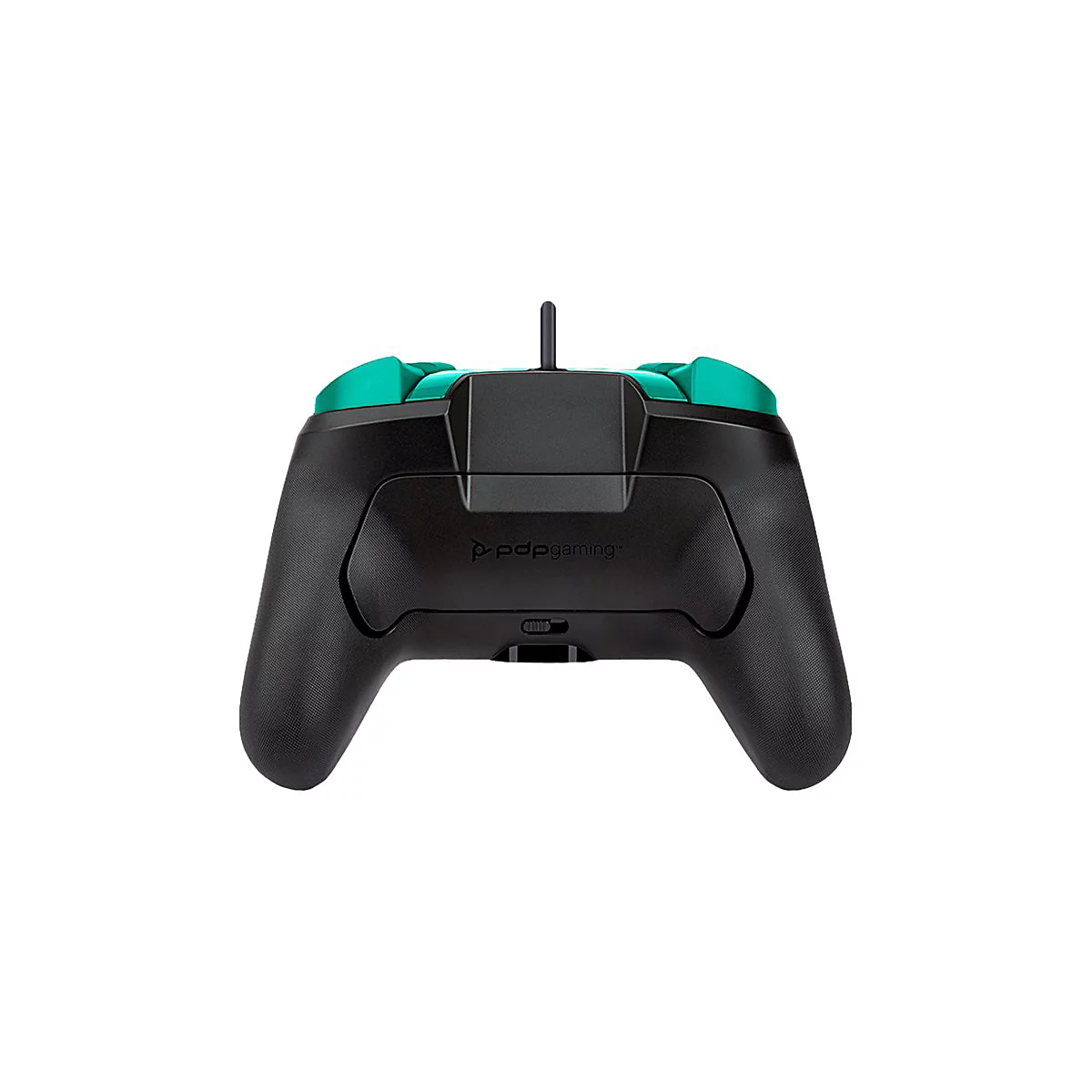 Schwarzer Controller mit türkisfarbenen Akzenten und dem Logo "pdp gaming".