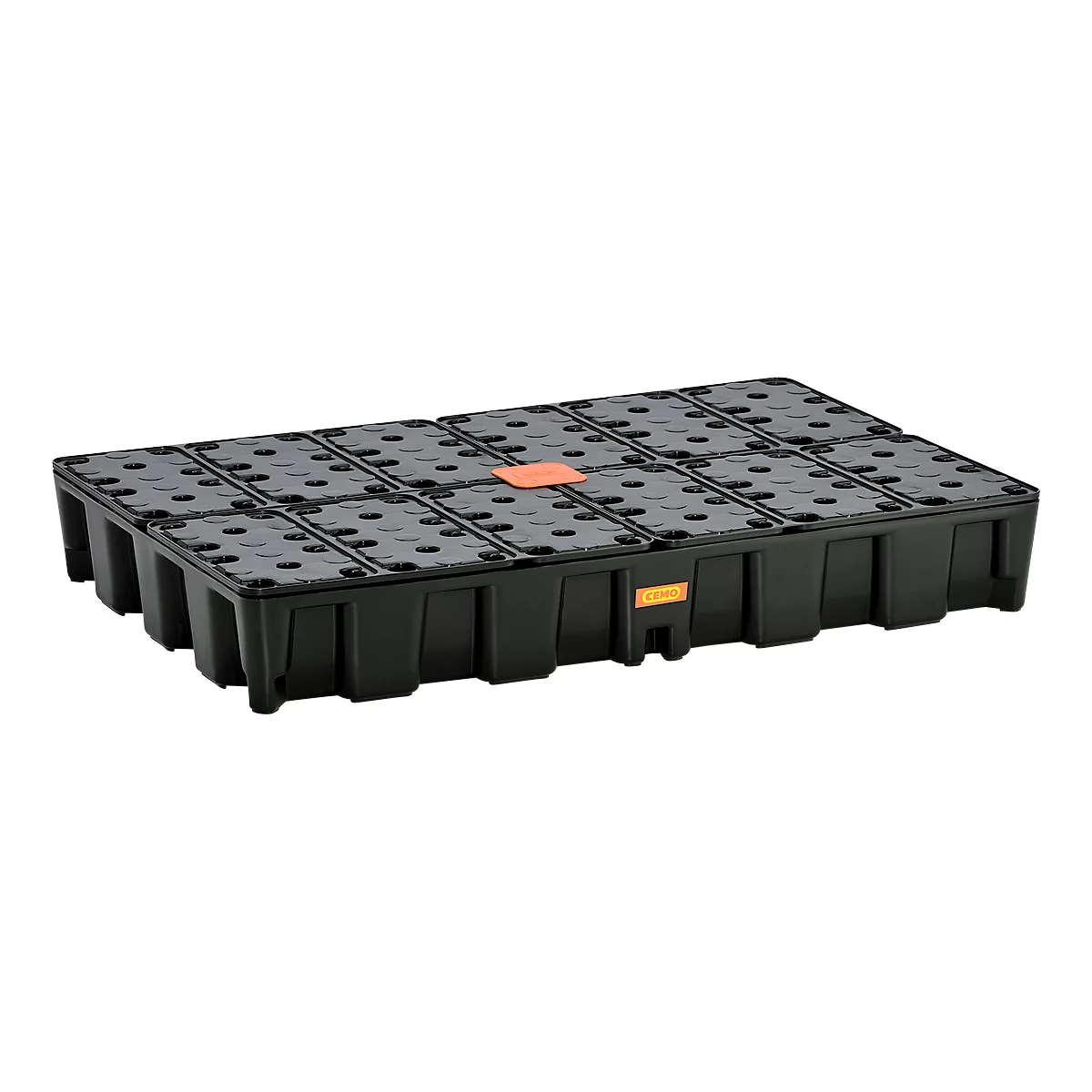 Schwarze Kunststoffpalette mit mehreren Fächern, orangefarbenen Aufklebern.