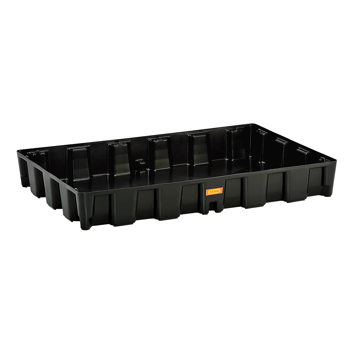 Schwarze Kunststoffbox, rechteckig, mit verstärkten Seiten und orangefarbenem Label.